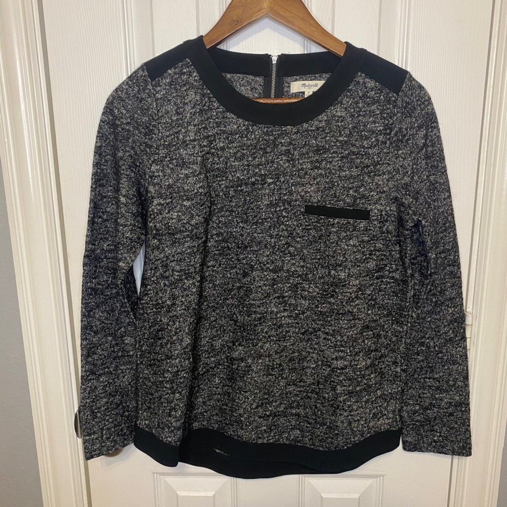 Madewell Womens Sweater Small Salt Pepper Wool Blend‎ Pullover Gray Black Zipper